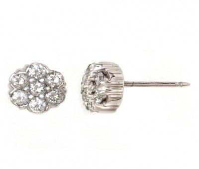 14K White Gold Round Diamond Cluster Earrings